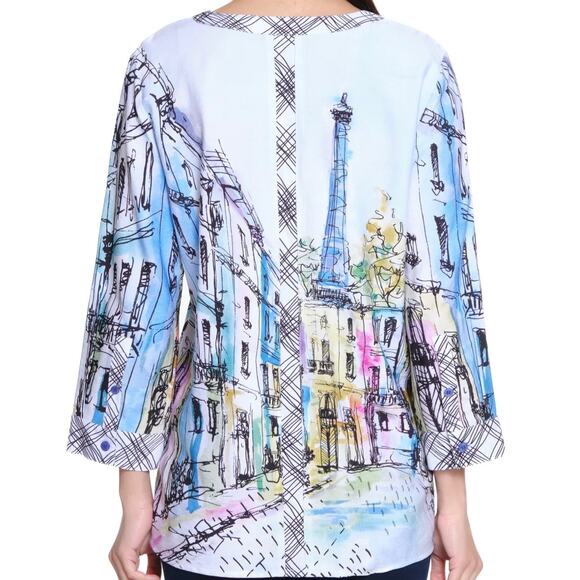 Ali Miles Mandarin Collar Tunic 3/4 Sleeve Button Front Blouse Top L City Print - Picture 2 of 12